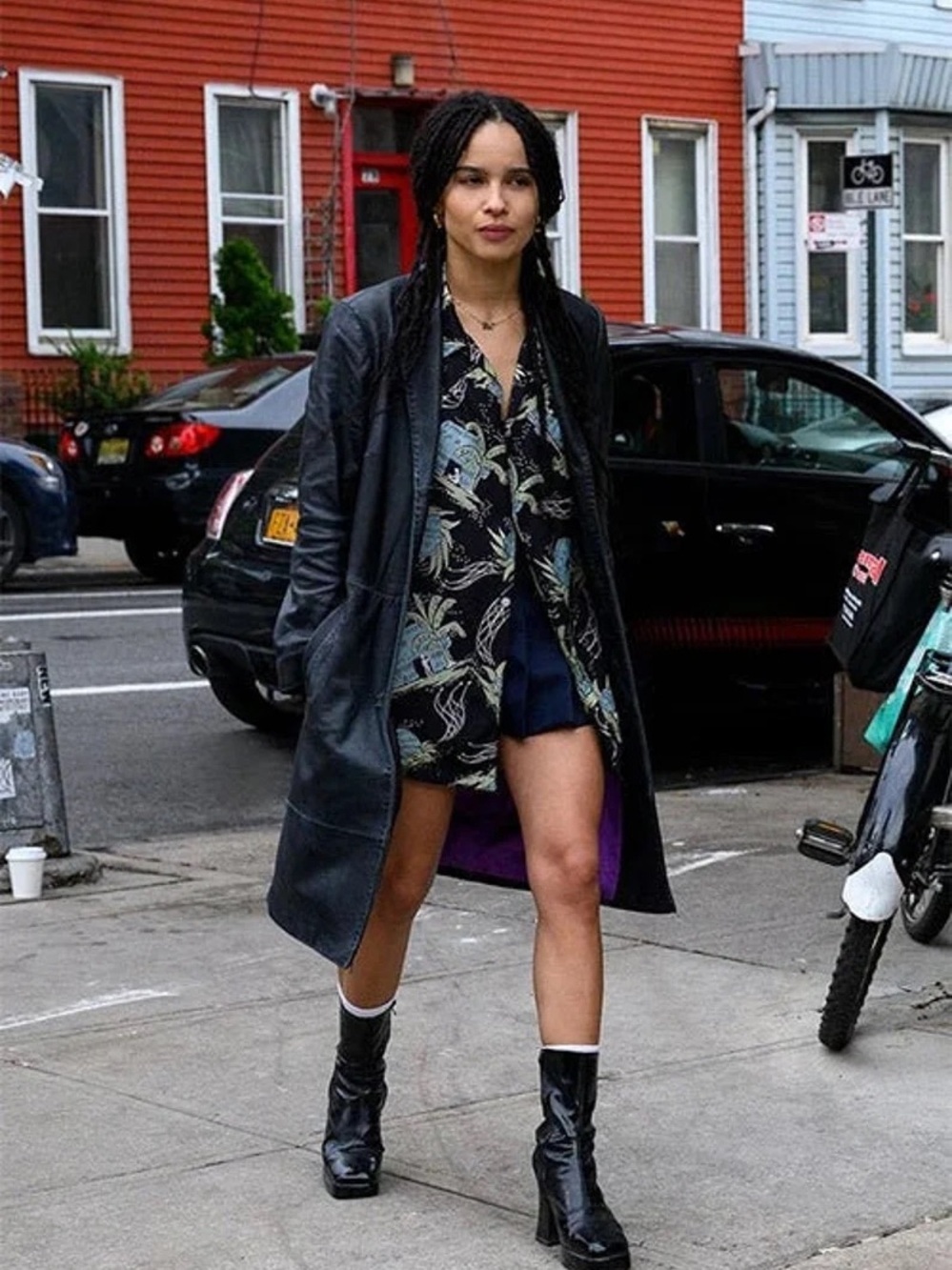 Vintage Black Leather Jacket with Purple Lining